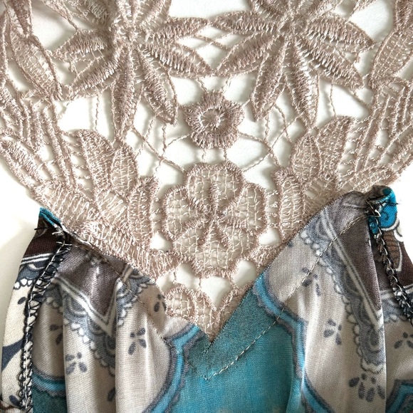 Boho Style Beige Brown Turquoise Blue Maxi Dress Lace Long Flowy Beach Vacation - Picture 13 of 16